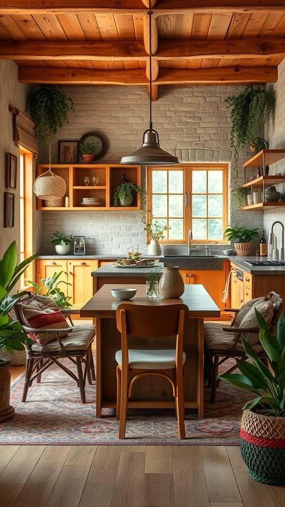 A cozy boho kitchen with wooden beams, plants, and a stylish dining area.