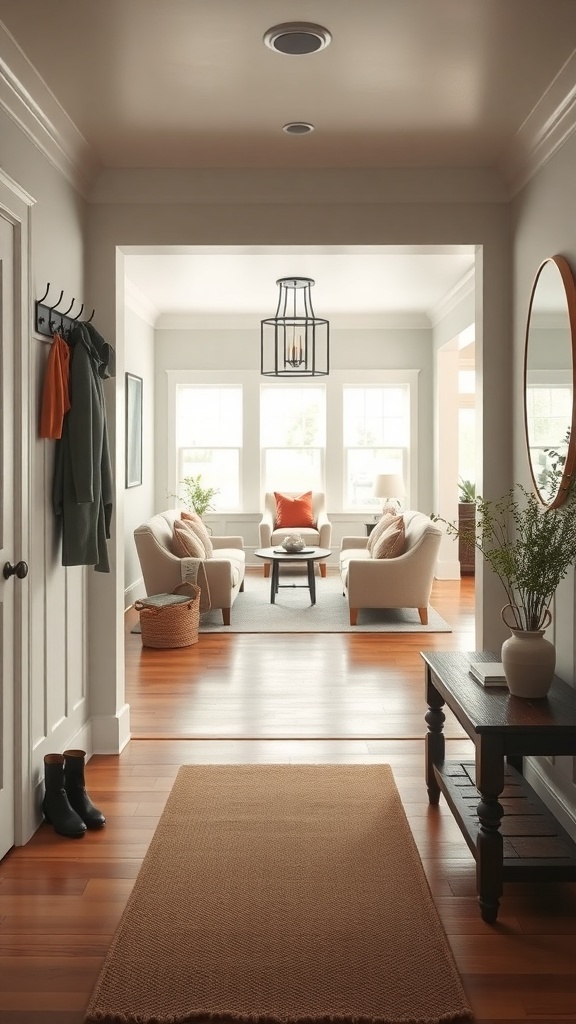 A cozy entryway with a lantern, coat rack, and inviting decor leading into a family room.