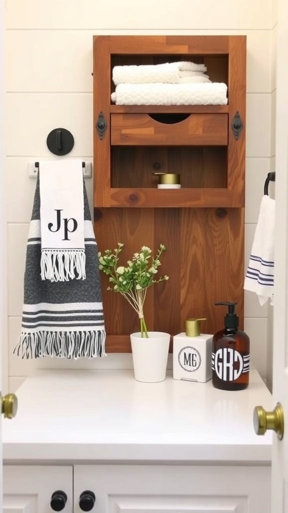 A farmhouse bathroom setup featuring personalized bath accessories, including a wooden shelf, monogrammed towel, and decorative containers.