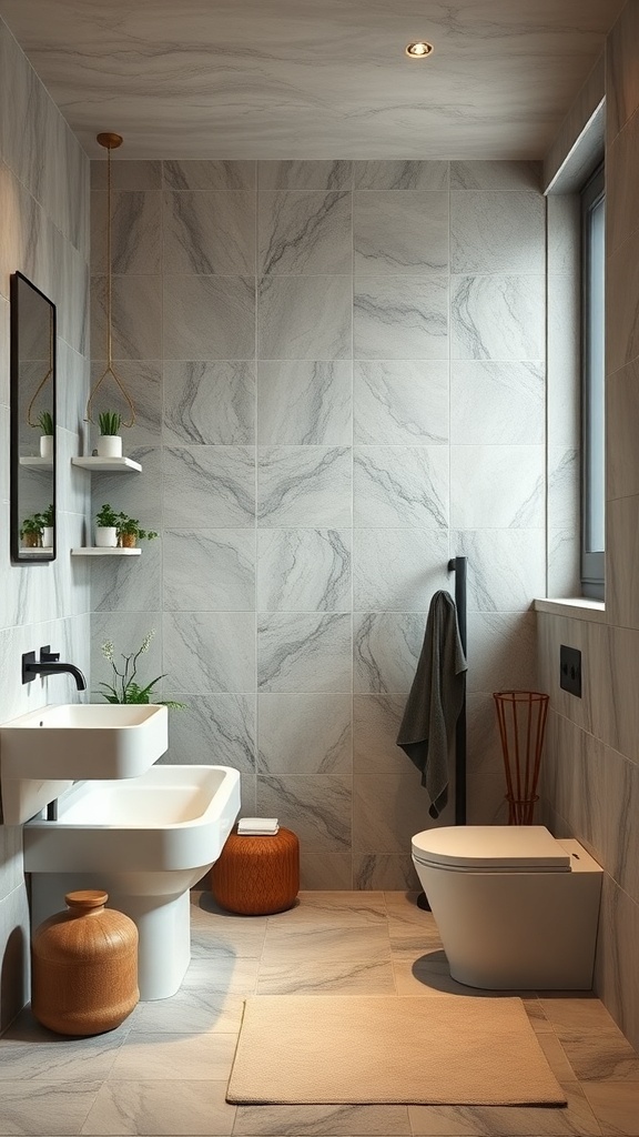 A zen bathroom with marble tiles, minimalist fixtures, and natural elements.