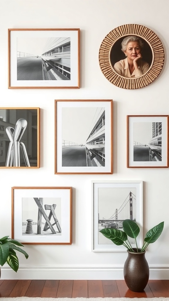 Gallery wall featuring black-and-white framed photos and a round mirror