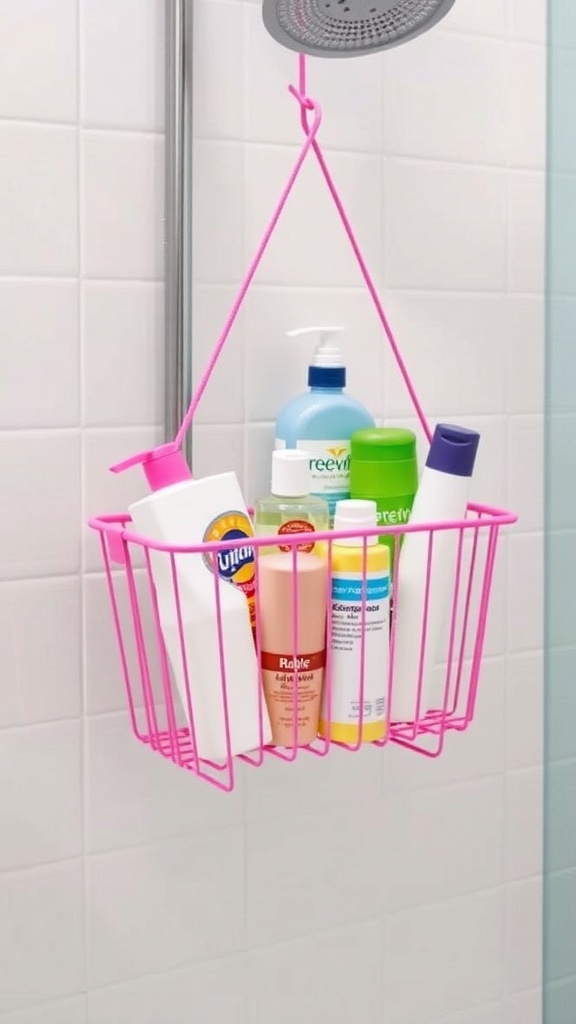 A pink shower caddy filled with various bottles hanging in a shower.