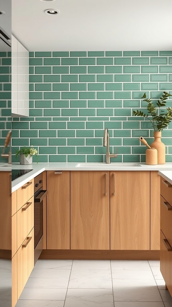 A kitchen with sage green painted subway tiles as a backsplash, paired with wooden cabinets and a modern sink.