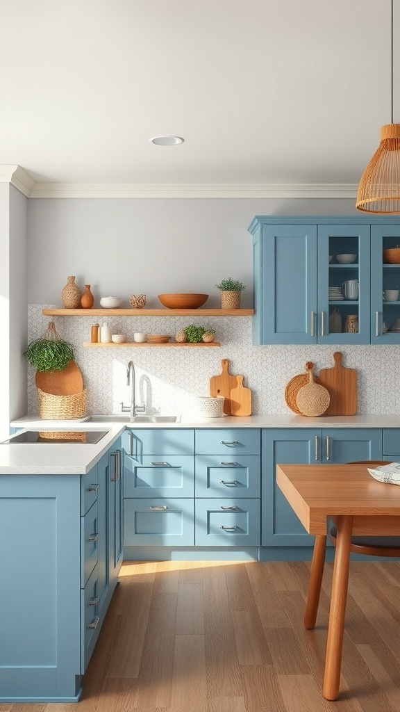 A modern kitchen featuring soft blue cabinets, wooden shelves, and a warm-toned table.