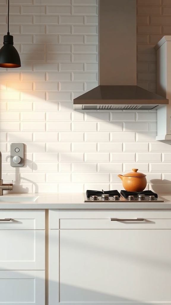 A modern kitchen featuring a glossy glazed brick backsplash with white cabinets and a sleek countertop.