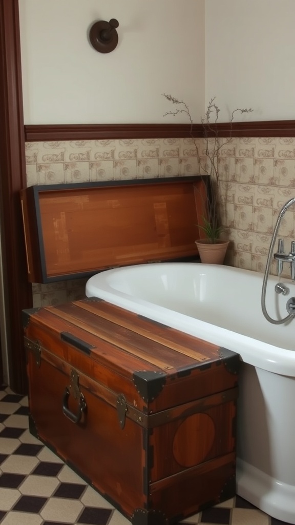 A vintage wooden trunk placed next to a white bathtub in a bathroom setting.