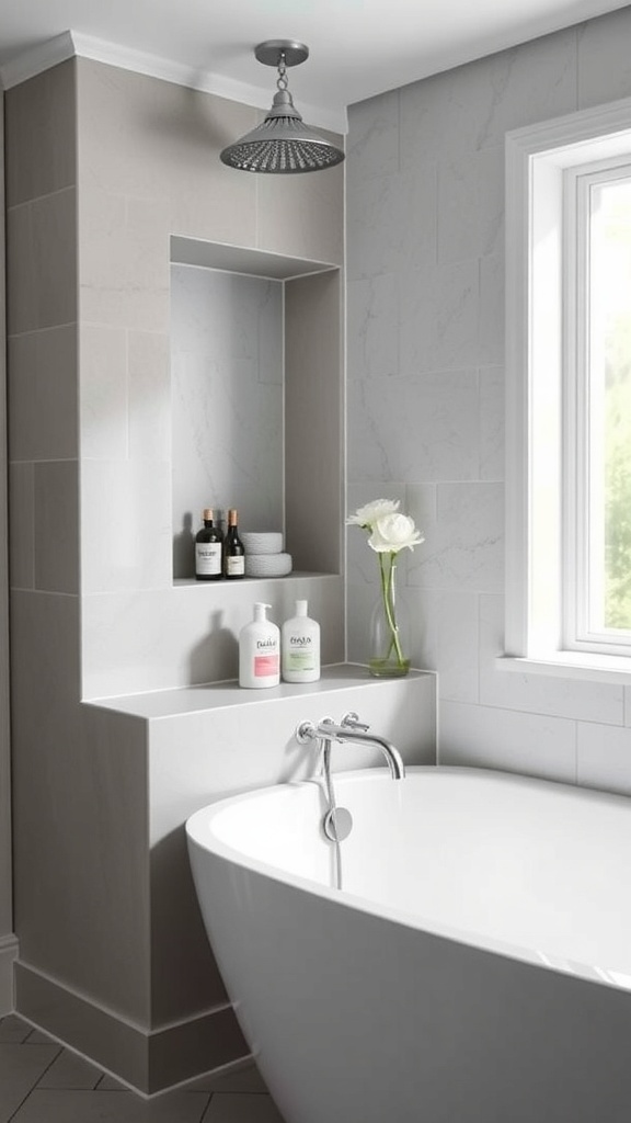 Stylish bathroom with a functional shower niche and a modern tub