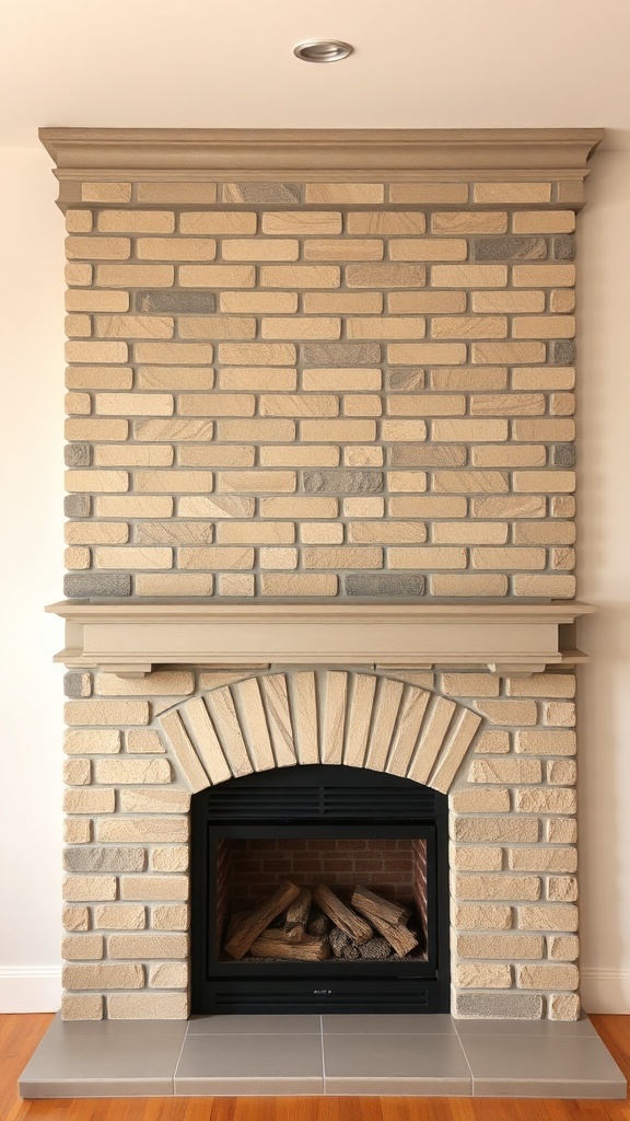 A modern fireplace with a faux brick finish in light beige and gray tones.