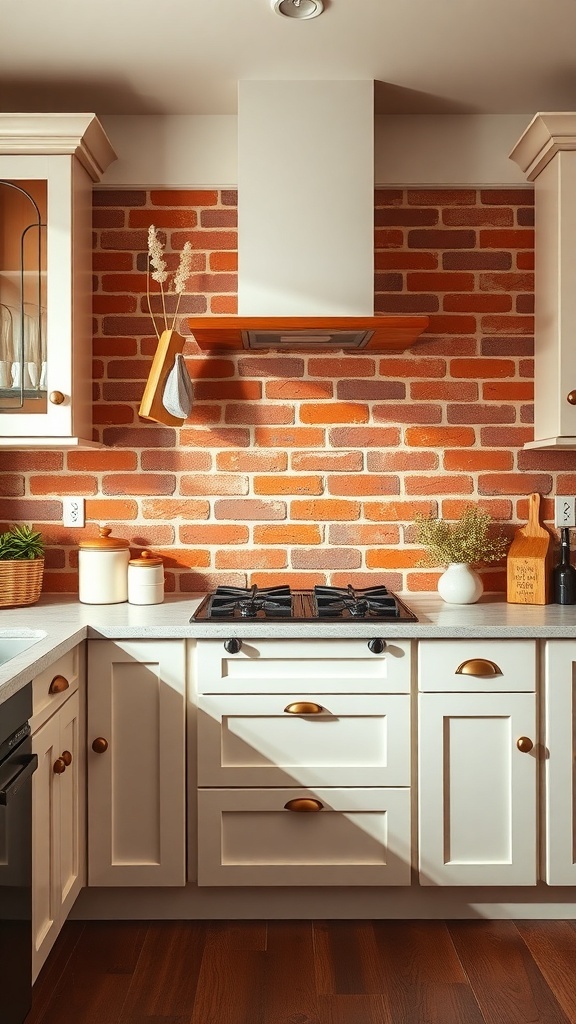 A stylish kitchen featuring a classic red brick backsplash with white cabinets and modern appliances.