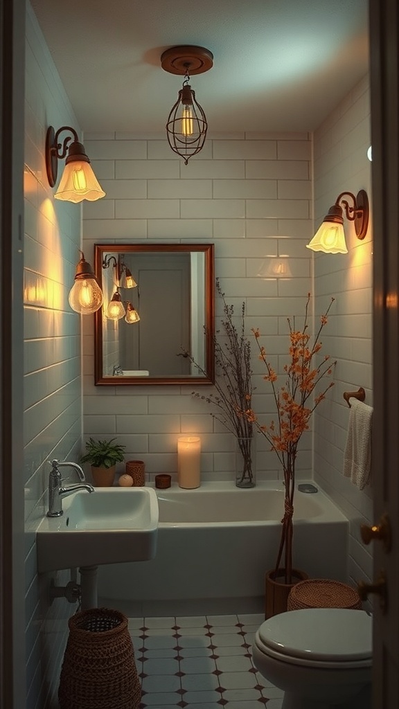 A cozy bathroom with layered lighting, featuring a pendant light, wall sconces, and candles, decorated with dried flowers.