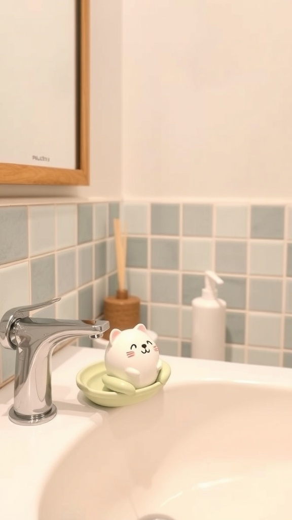 A cute cat-shaped soap dish in a bathroom setting