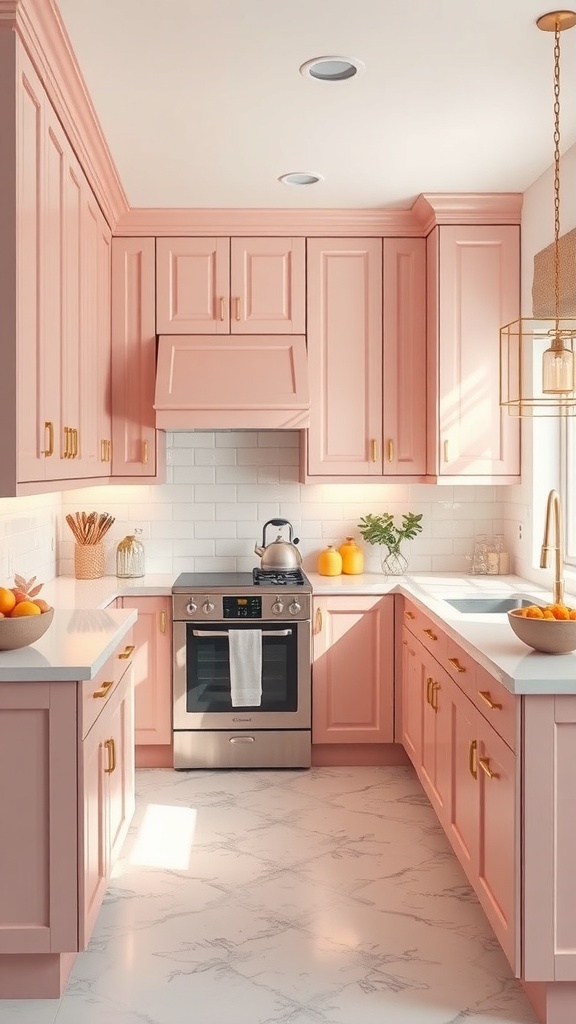 A cozy kitchen featuring soft blush cabinets, white countertops, and gold hardware, creating a warm and inviting atmosphere.