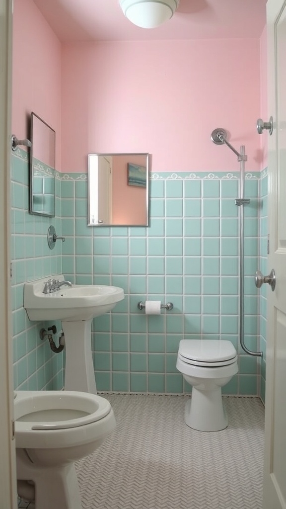 A vintage bathroom featuring pink walls and mint green tiles.