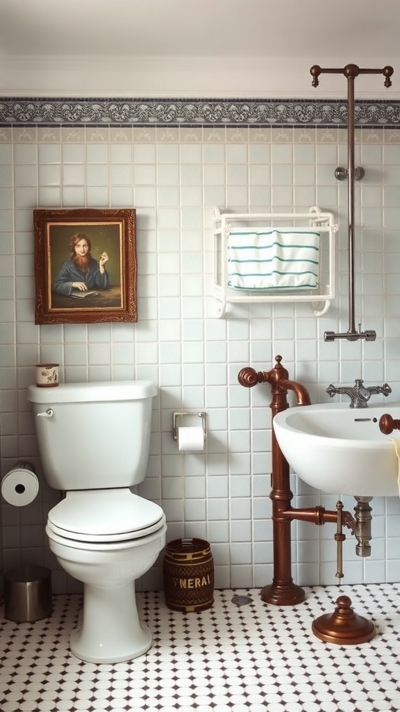 A vintage bathroom featuring a white toilet, copper plumbing fixtures, and a framed portrait on the wall.