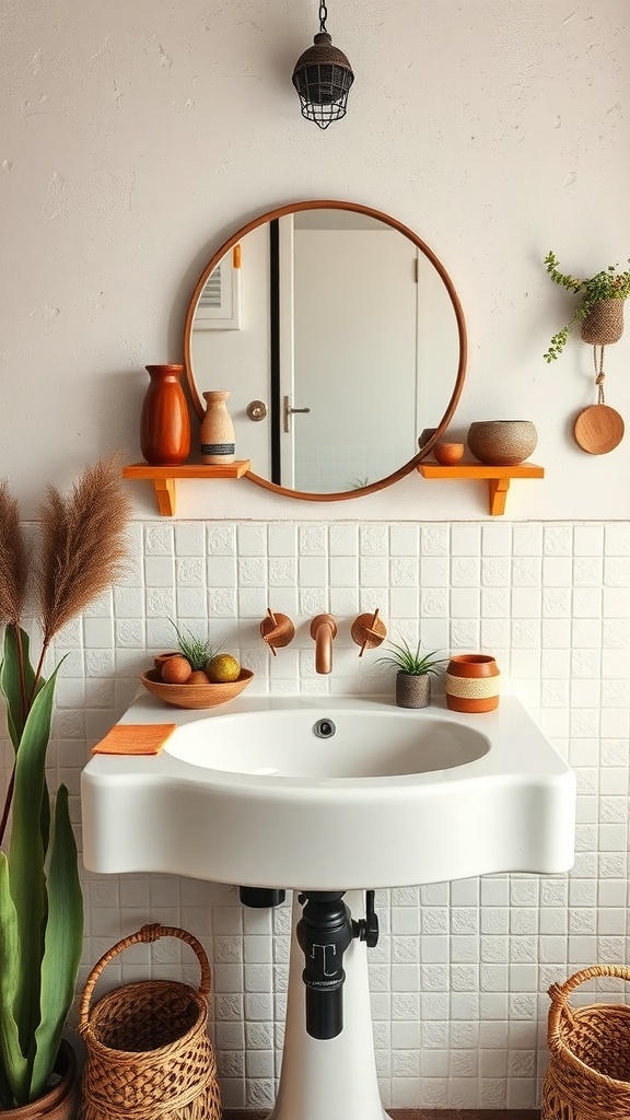 A bohemian bathroom featuring handmade pottery, a round mirror, and plants.