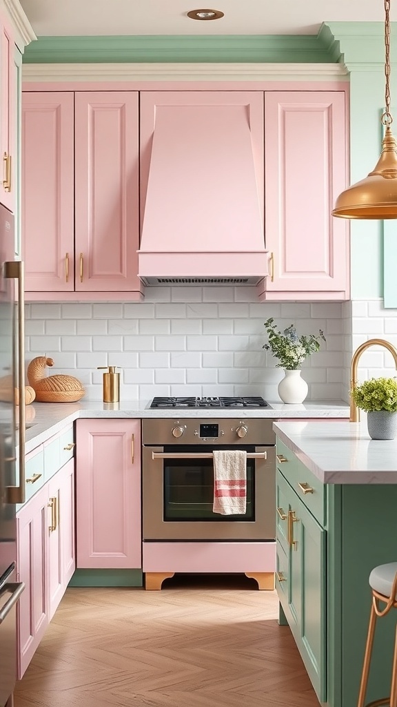 A cozy kitchen featuring pink cabinets and mint accents, showcasing a modern yet vintage design.