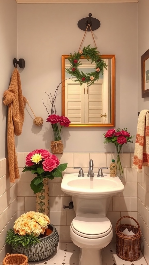 A beautifully decorated bathroom featuring vibrant flowers, warm towels, and a seasonal wreath.