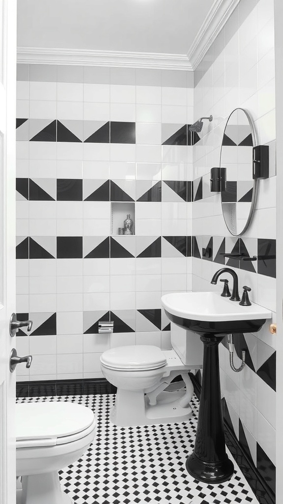 A modern bathroom featuring black and white geometric tiles, a round mirror, and a black pedestal sink.