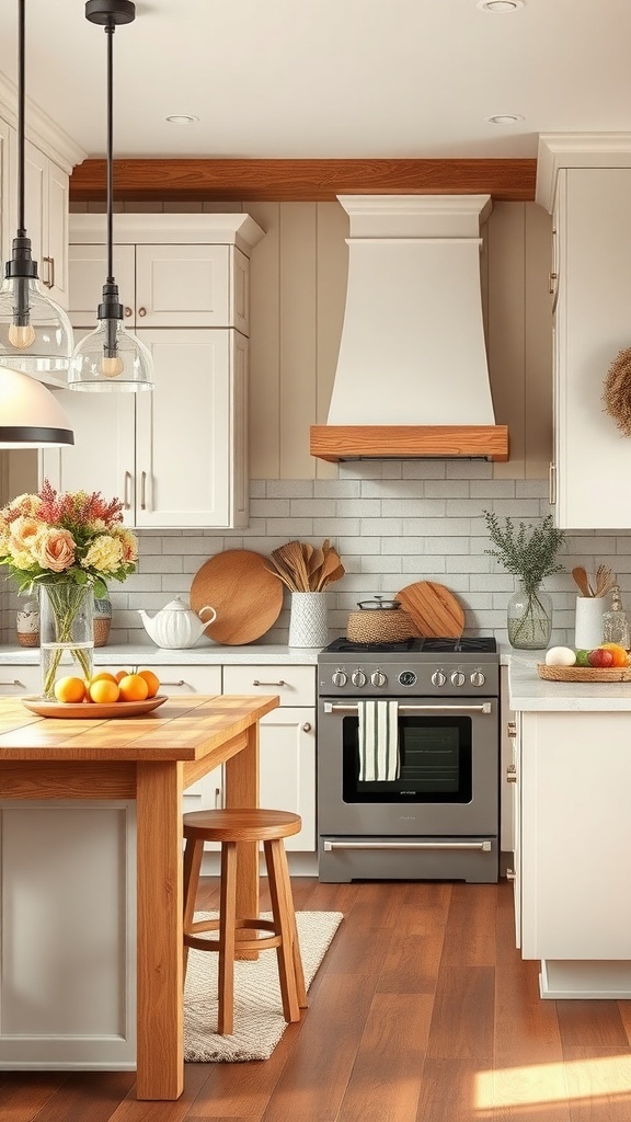A modern farmhouse kitchen with seasonal decor, featuring a wooden table with fruits, white cabinets, and warm wooden flooring.