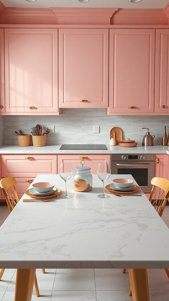 A cozy pink kitchen with a marble table set for dining, featuring pink cabinets and gold accents.