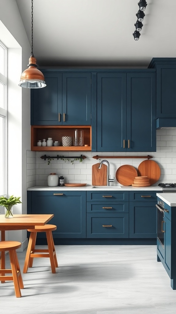 A modern kitchen featuring deep blue cabinets and wooden accents, showcasing a stylish and sophisticated design.