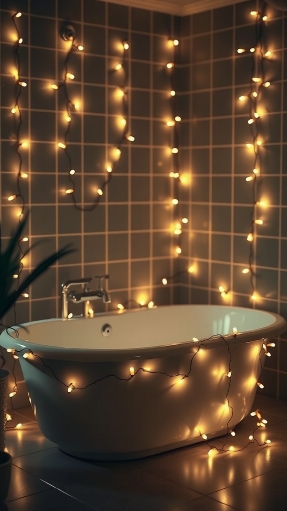 A cozy bathroom with a white tub surrounded by warm fairy lights on the walls.