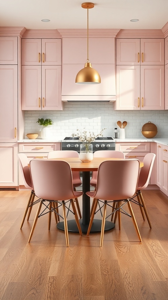 A cozy kitchen with blush pink dining chairs around a round table, featuring pink cabinets and warm wooden flooring.