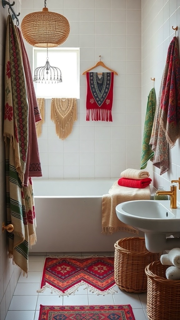 A bohemian bathroom with colorful towels and textiles, featuring patterned rugs and woven baskets.