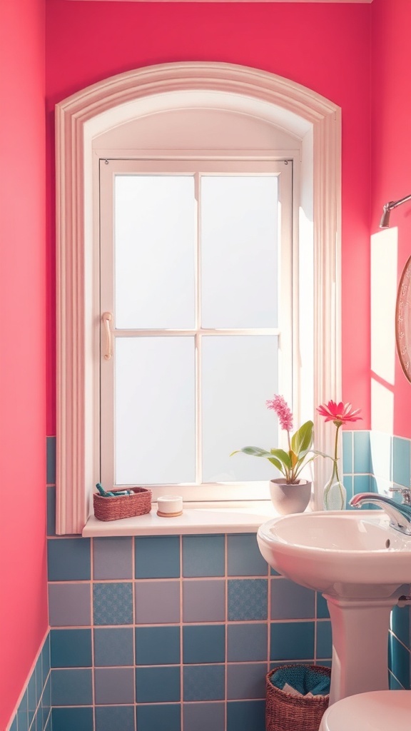 A bathroom with bold pink walls and blue tiles around a window, featuring plants and a sink.
