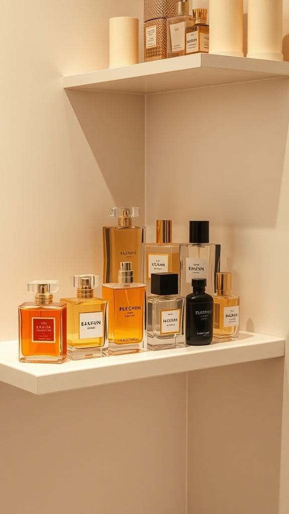 A neatly arranged display of various perfume bottles on a bathroom shelf.