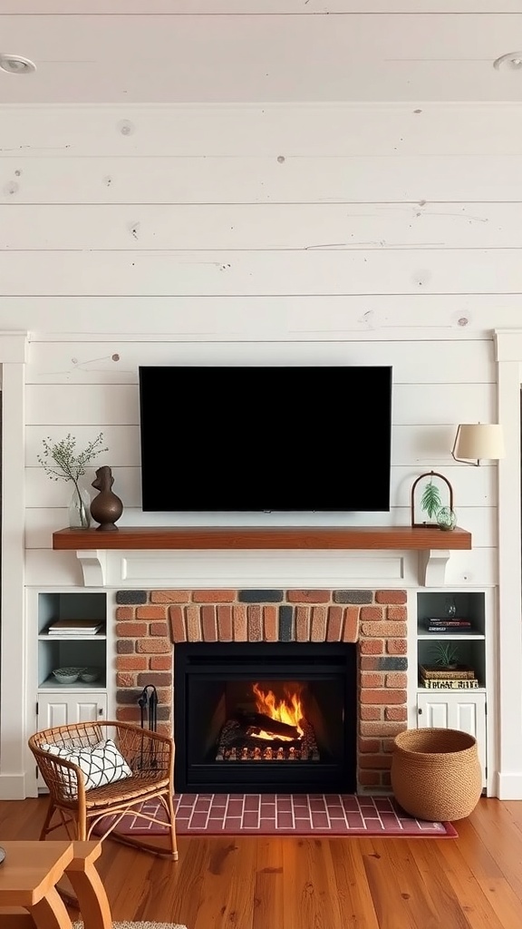Farmhouse living room with a brick fireplace, TV above, and wooden mantel.