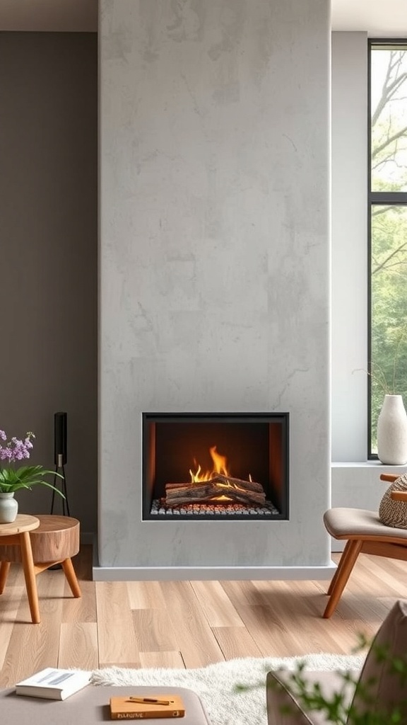 A modern fireplace with a clean design, featuring a fire burning in a sleek, minimalist setting.