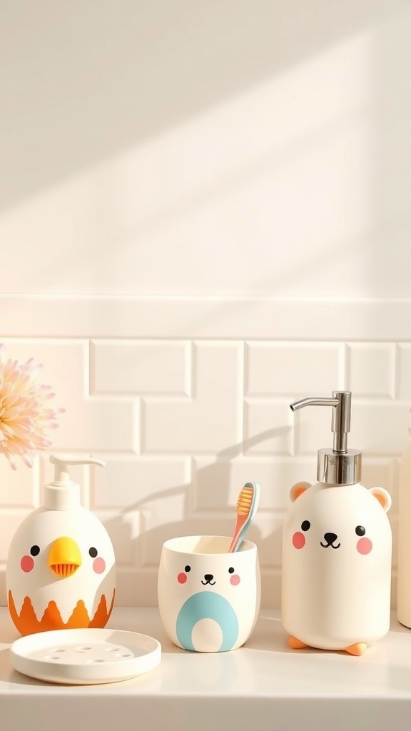 Cute bath accessories featuring animal designs including a bear soap dispenser, bunny toothbrush holder, and a colorful soap dish.