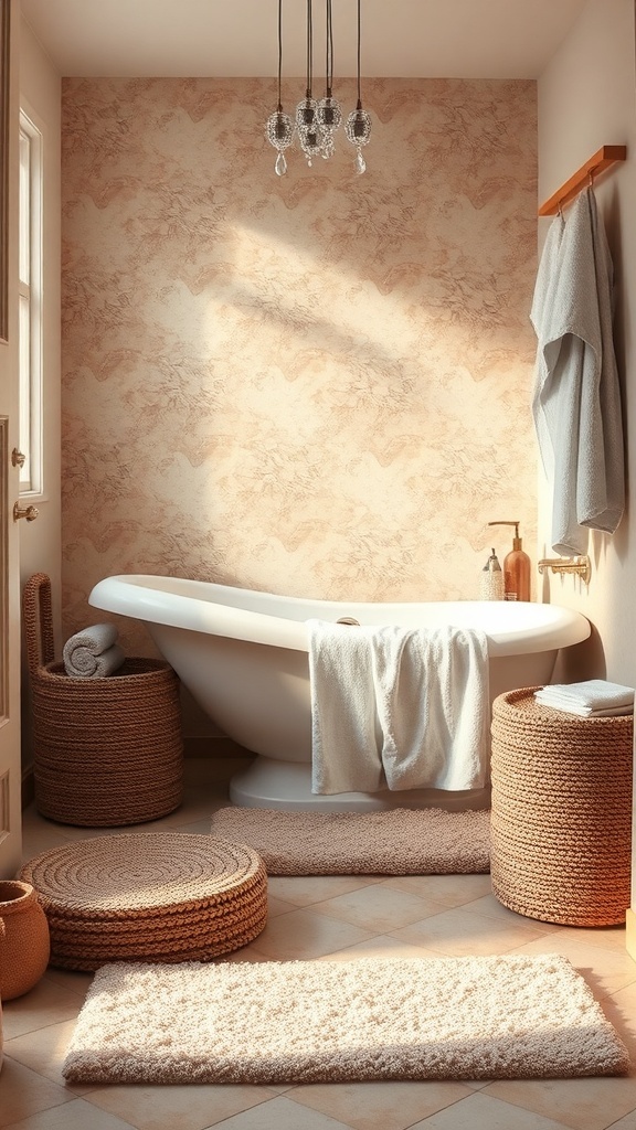 A serene bathroom featuring a freestanding tub, soft textiles, and natural decor elements.