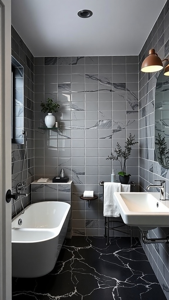 Modern farmhouse bathroom with black and white color scheme featuring gray tiles, a freestanding bathtub, and plants.