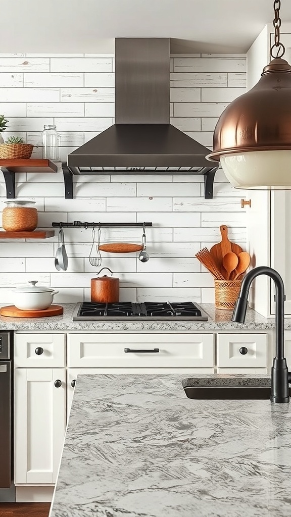 A modern farmhouse kitchen featuring a white shiplap backsplash, copper pendant light, and wooden kitchen accessories.