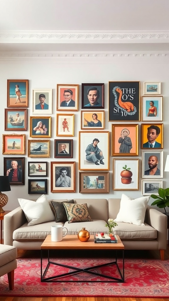 A stylish living room with an eclectic gallery wall featuring a mix of framed artworks and photographs.
