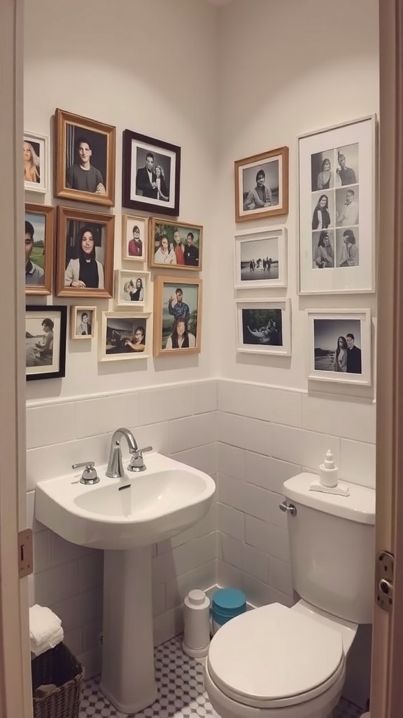 A small bathroom with a gallery wall of framed personal photos.