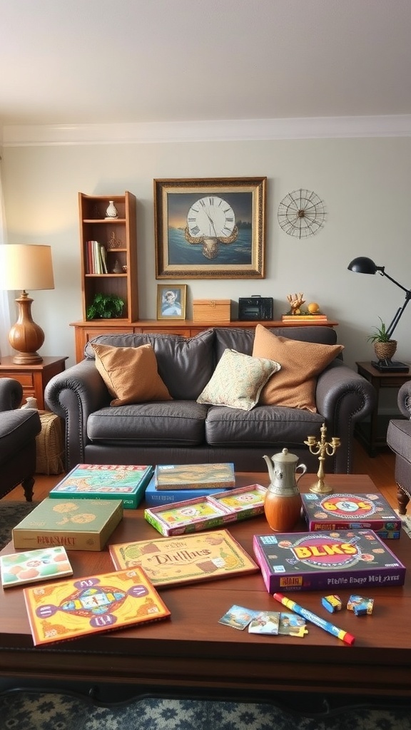 A cozy family room with a coffee table displaying various board games and a comfortable sofa.