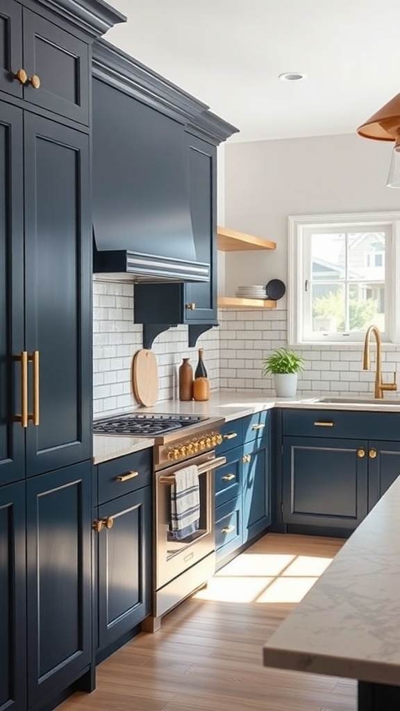 Modern kitchen featuring navy blue cabinets with brass hardware and light countertops