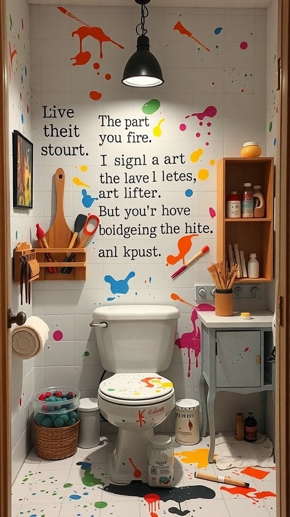 A colorful bathroom with paint splatters on the walls and floor, featuring playful decor and art supplies.