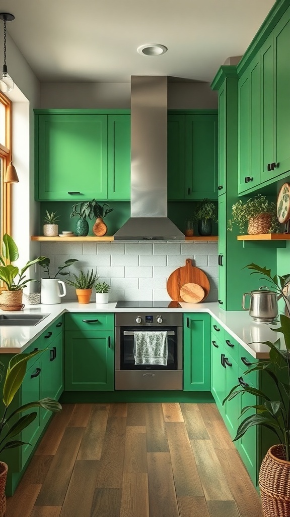 A modern kitchen featuring tropical green cabinets, natural wood elements, and plants, creating a fresh and inviting atmosphere.