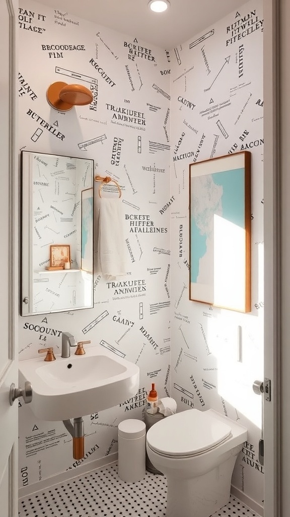 A stylish men's bathroom featuring a simple mirror, playful wall design, and modern fixtures.
