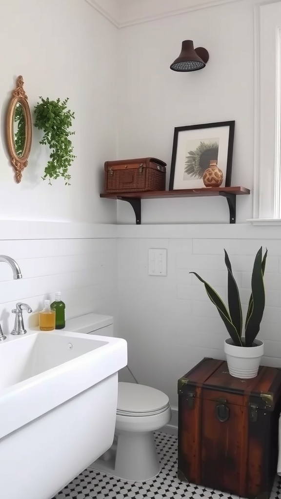 A bathroom featuring a vintage trunk used for decor and storage.