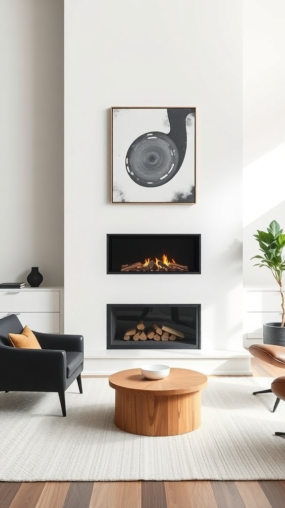 Modern fireplace with abstract art and stylish furniture