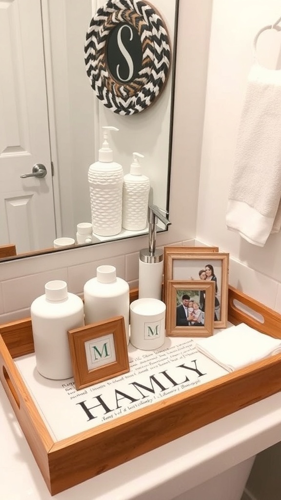 A wooden bathroom tray with white bottles, framed photos, and a decorative towel.