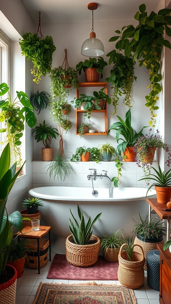 A bohemian-style bathroom filled with various indoor plants, featuring a bathtub, wooden shelves, and woven baskets.