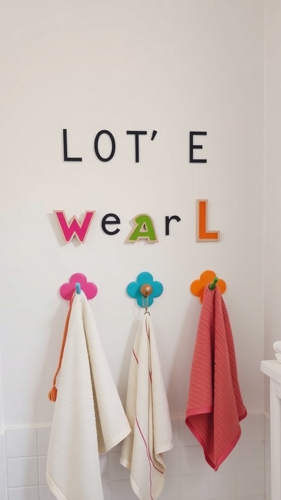 Colorful flower-shaped wall hooks with towels hanging, accompanied by playful letters on the wall.