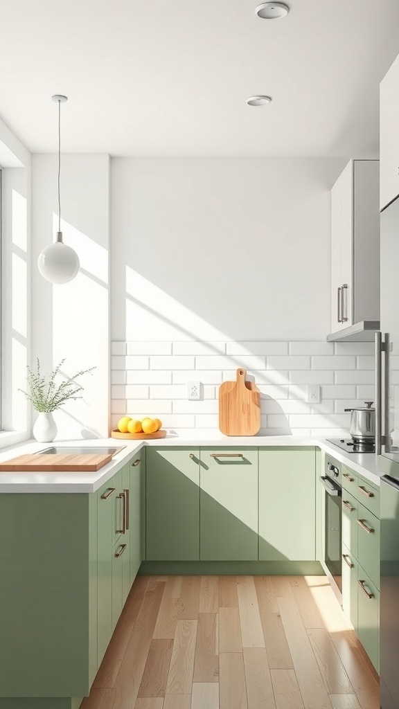 A modern kitchen featuring sage green cabinets, white countertops, and a bright atmosphere.