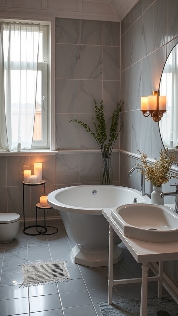 A serene bathroom featuring a bathtub, sink, and scented candles on a stand.